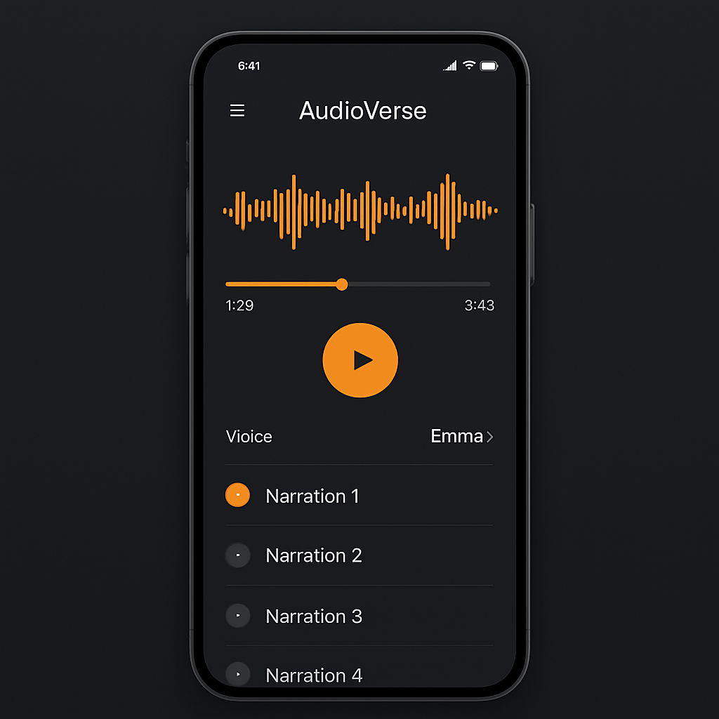 AudioReader mobile app interface showing an audio player with waveform visualization