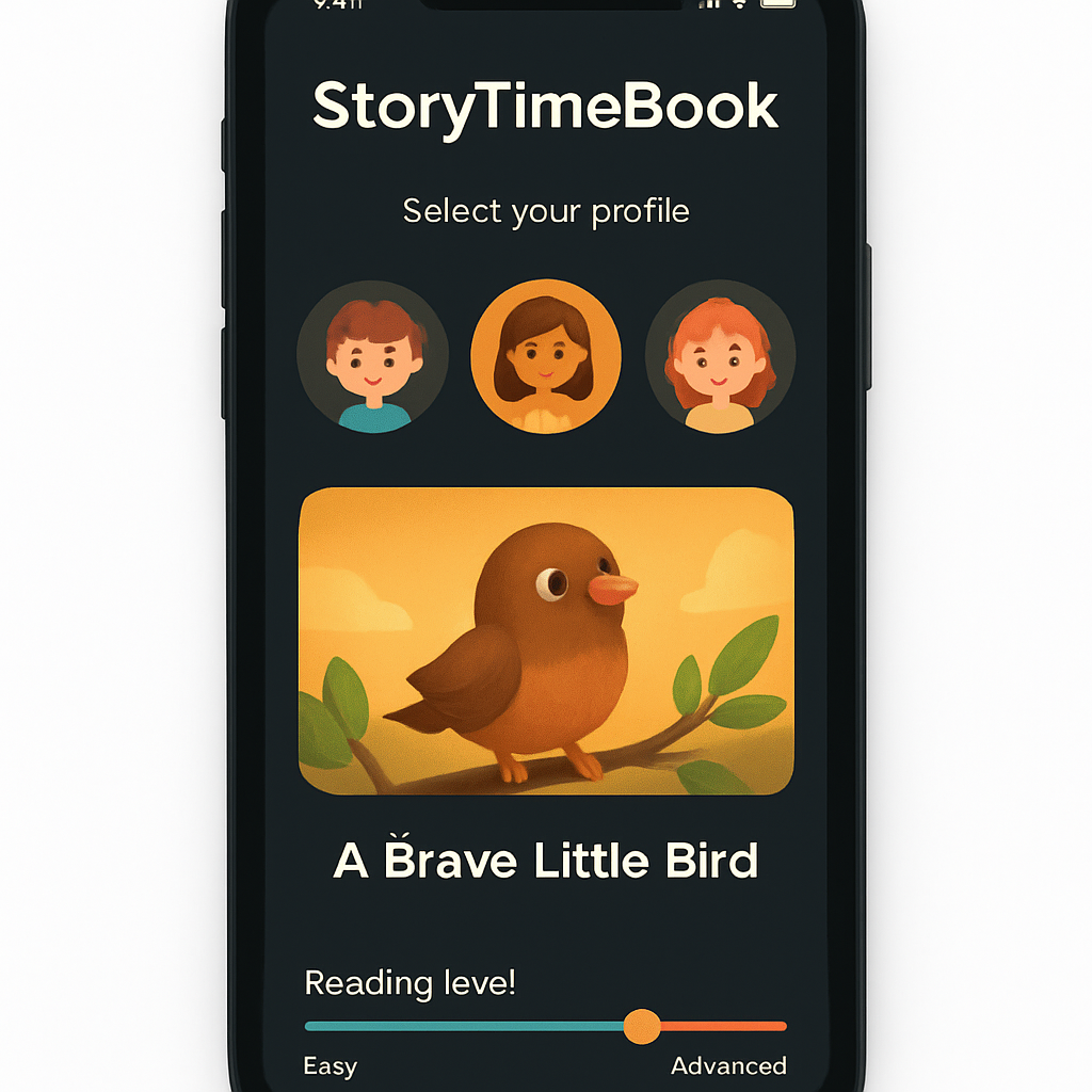 StoryTimeBook mobile app interface showing child profiles and a story card